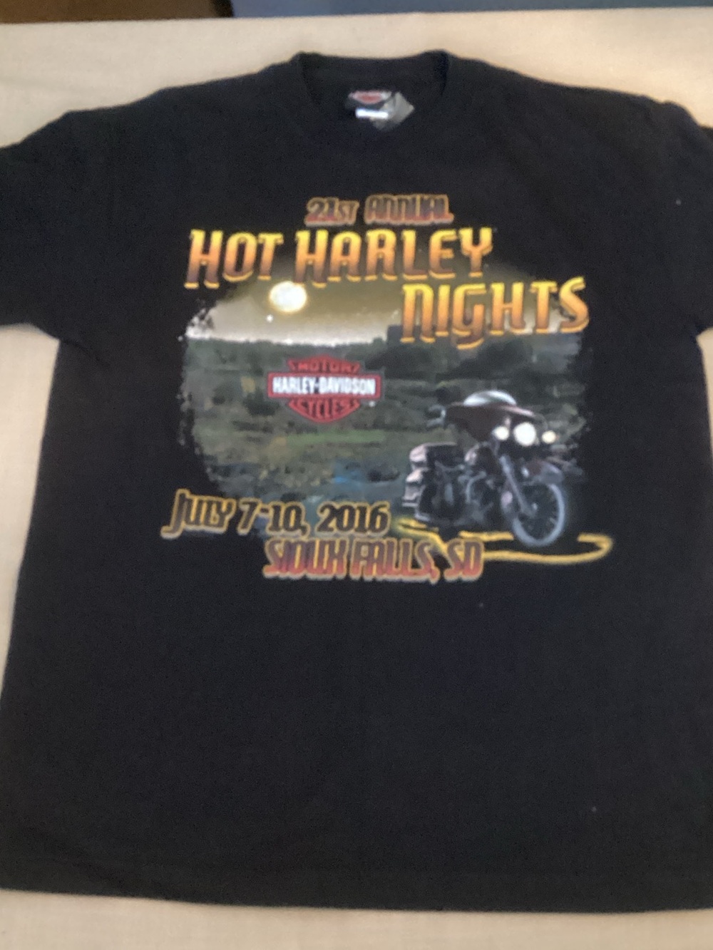 EUC Harley-Davidson Black Tee with Yellow-Orange Event Graphic